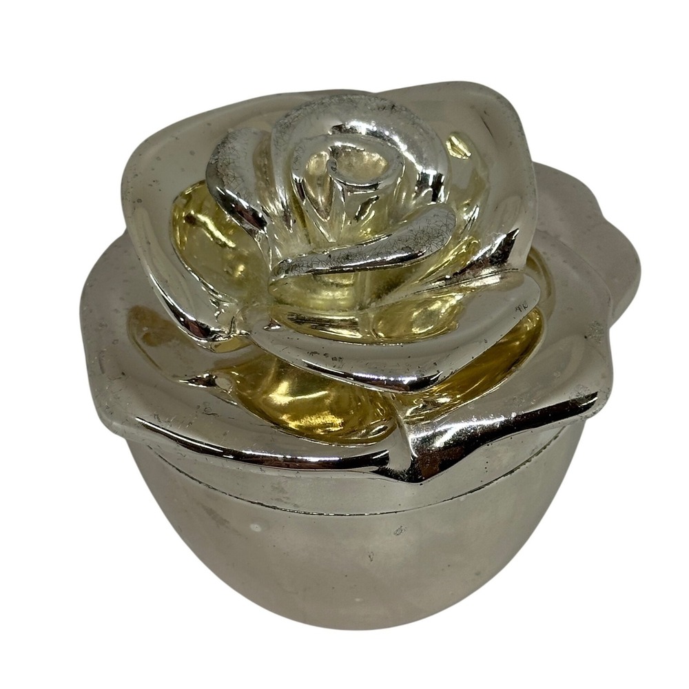 VTG Rose Trinket Box Silver Gold Tone Floral Jewelry Case Velvet Lined Shabby